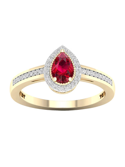 Gemstone 10K Yellow Gold Pear Ruby 1/8 CT TW Diamond Halo Women'S Ring
