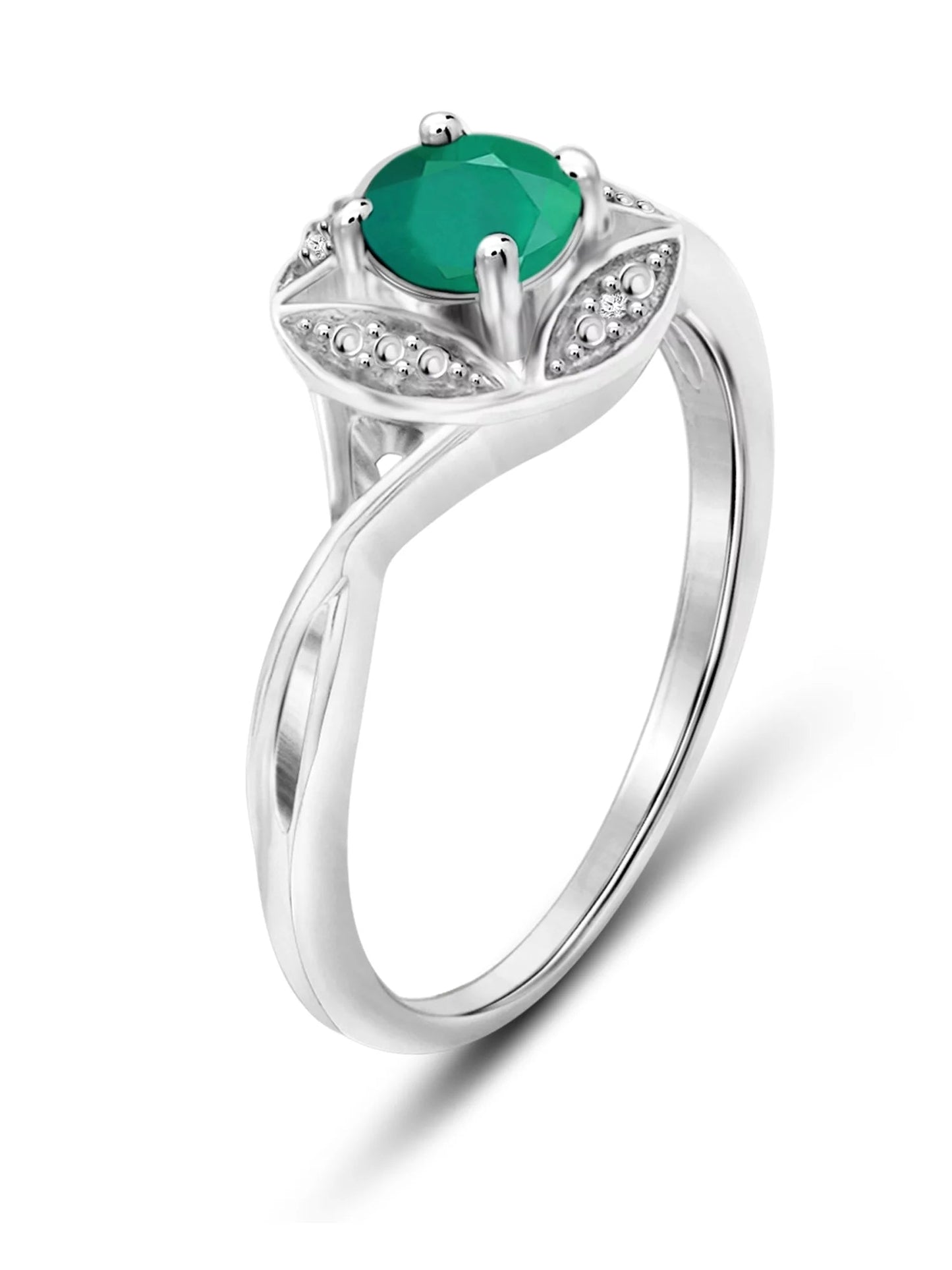 0.46 Carat T.G.W. Emerald Gemstone and White Diamond Accent Sterling Silver Ring