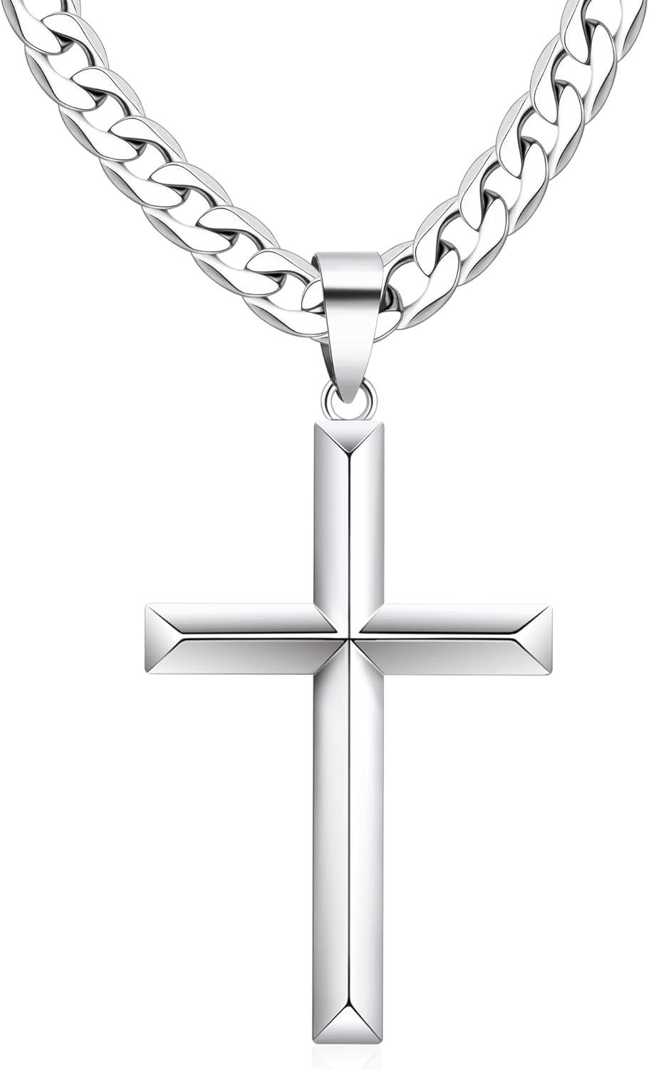 925 Sterling Silver Cross Necklace for Men Women with Stainless Steel Durable Cuban Link Chain Polished Beveled Edge Cross Chain Pendant Necklace Jewelry 16-28 Inches