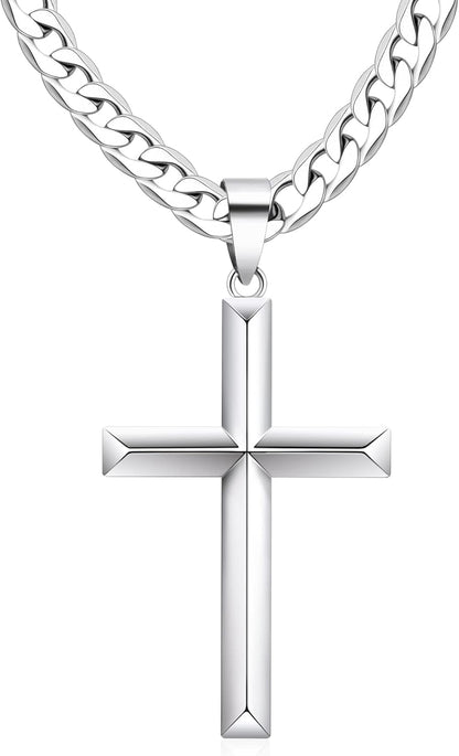 925 Sterling Silver Cross Necklace for Men Women with Stainless Steel Durable Cuban Link Chain Polished Beveled Edge Cross Chain Pendant Necklace Jewelry 16-28 Inches