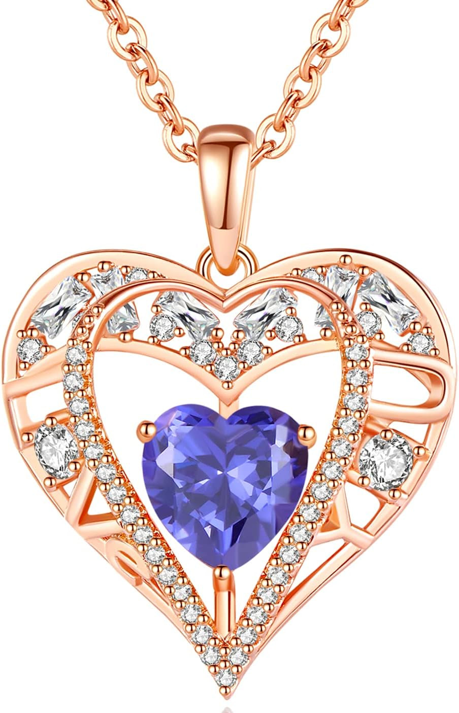 5 Heart Crystal Necklace 18K Rose Gold Plated - Pendant with 18”+2” 925 Sterling Silver Chain - Birthstone Jewelry for Women and Girls - Gift for Birthday, Christmas