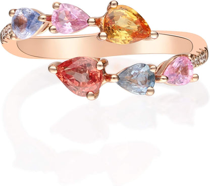 10K Yellow Gold Multi Sapphire Ring with Diamonds for Women | Ethically, Authentically & Organically Sourced (Pear-Cut) Shaped Sapphire Hand-Crafted Jewelry for Her | Sapphire Ring for Women