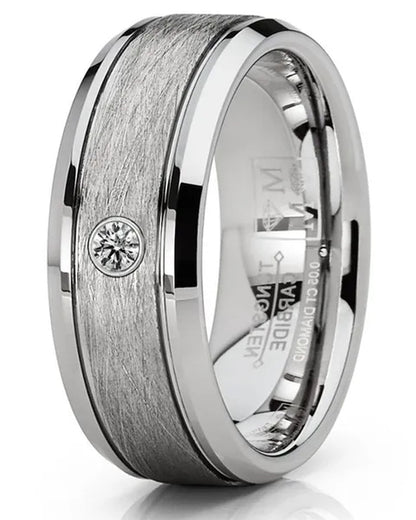 Men'S Tungsten Wedding Band 0.05 Carats Diamond Texture Brush High-Polish Silver-Toned 8MM