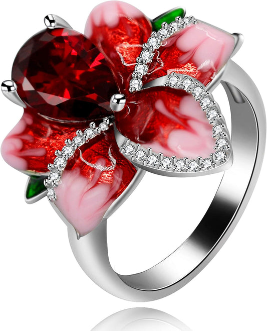 Beautiful Red Enamel Rose Ring for Women Blossom Flower Rings with Pear Cut Cubic Zirconia Cocktail Summer Ring RA627