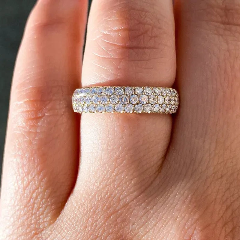 3 Row Micro Pave Zircon Ring， Wedding Band Half Eternity Wide  Band 1gold plated Ring Anniversary Diamond Ring for Her Tricolor size 4-12