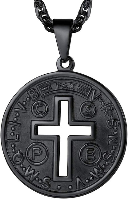 Cross of St Benedict Necklace Confirmation Cross Jesus Saint Black round Medal Medallion Pendant Catholic Christian Jewelry