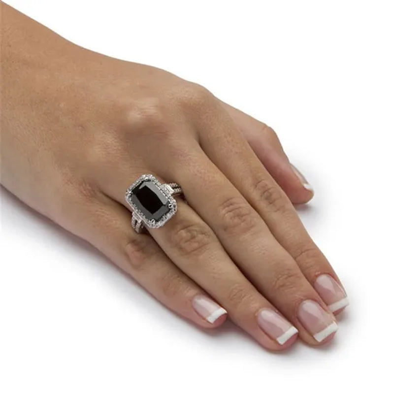 Fashion Silver Plated Filled emerald Cut Natural Obsidian & Lab Diamond Lover Wedding Ring Jewelry