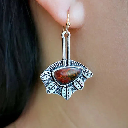 1 Pair Antique 925 Sterling Silver Pendant Earrings Natural Gemstone Inlay Dangle Earrings Bridal Engagement Wedding Anniversary Gift Bohemian Style Earrings