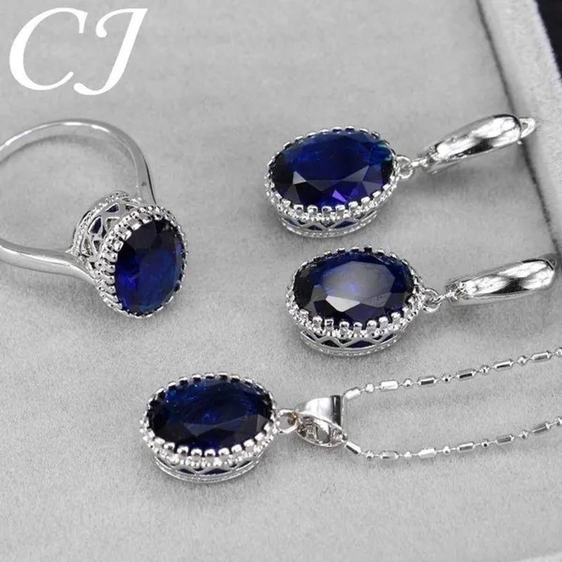 CANDICE Romantic Round Shaped Purple Crystal Sterling Silver Plated Jewelry Set For Party Necklace Earrings Ring Sets（US 6-9)
