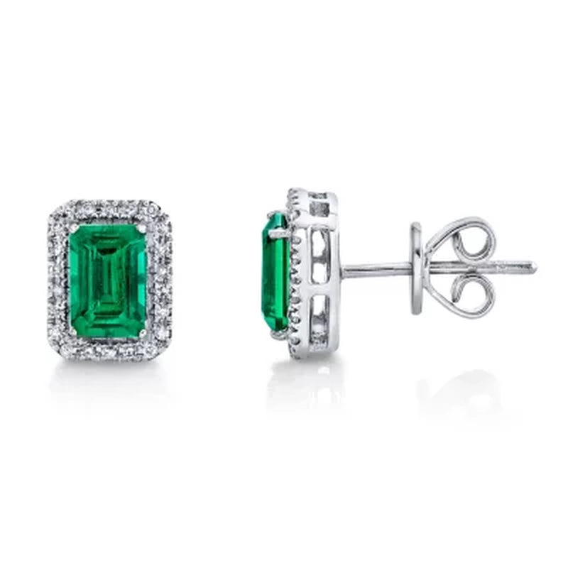 925 Sterling Silver Lab Created Emerald and 0.11 CT. T.W. Diamond Stud Earrings