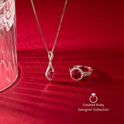 Created Ruby with Genuine Diamond Pendant in 14 Karat Yellow Gold, Elegant Solitaire, Radiant Cut, 7X5Mm, 1.30 Carats Total, Sparkling V-Day Gift Valentines Gift for Women