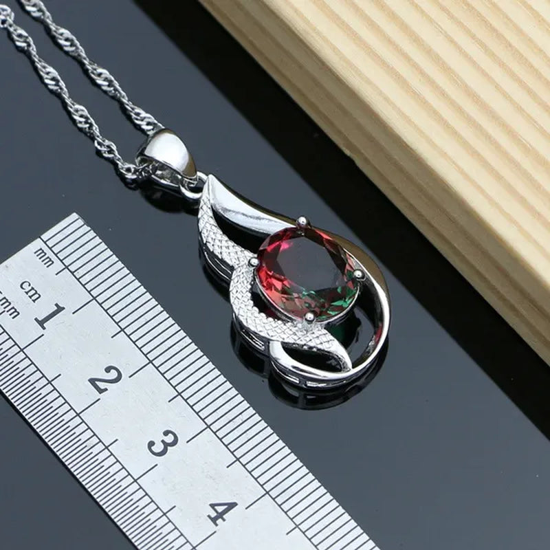 925 Silver Jewelry Sets for Women Rainbow Tourmaline  Wedding Necklace Earrings Open Ring