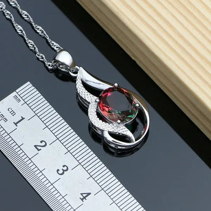 925 Silver Jewelry Sets for Women Rainbow Tourmaline  Wedding Necklace Earrings Open Ring