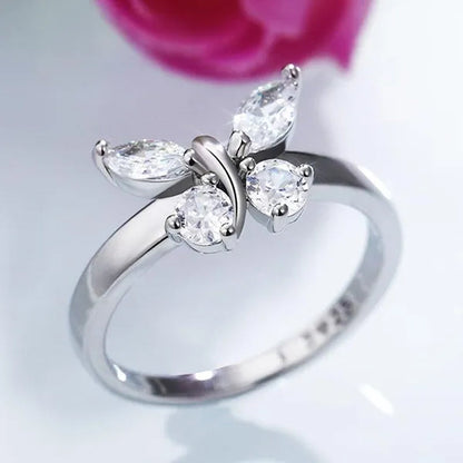 "If You Are in Full Bloom, the Butterfly Will Come" Luxury Silver Crystal Butterfly Ring Cubic Zirconia Exquisite Bridal Wedding Party Ring Fashion Jewelry (Size: 5-11)