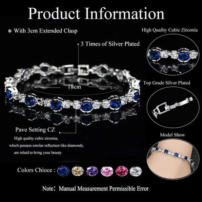 Gloriya High-Grade CZ Evening Party Jewelry For Woman Hand-inlay Round Blue Crystal Silver Plated Tennis Bracelet