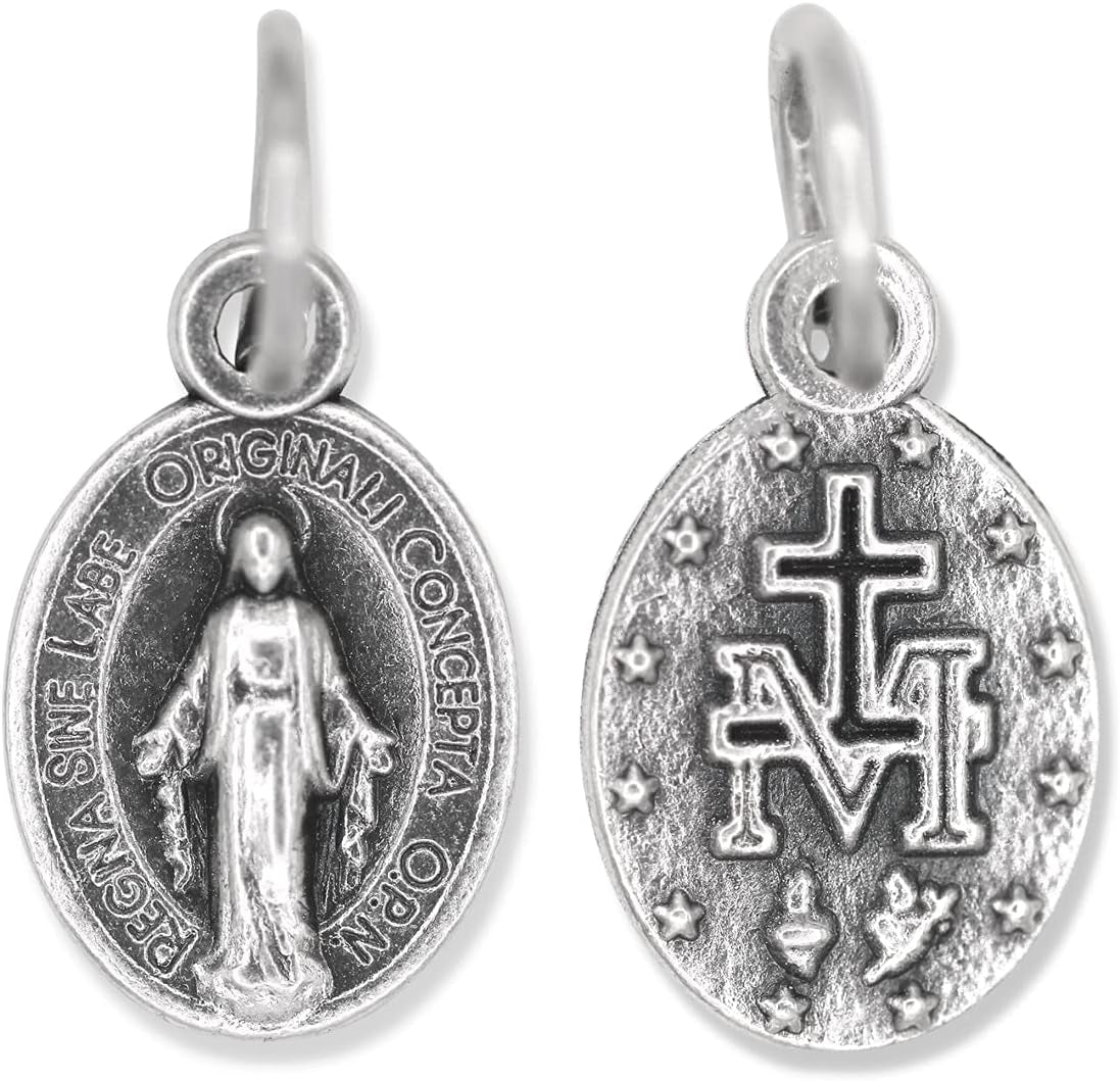 Silver Oxidized Italian Crucifix and Mary Mini Miraculous Medal Necklace on 16" Stainless Steel Chain - Jesus Mary Chain Catholic Necklace for Women, Couples Necklace, Unisex Religious Medal Necklace