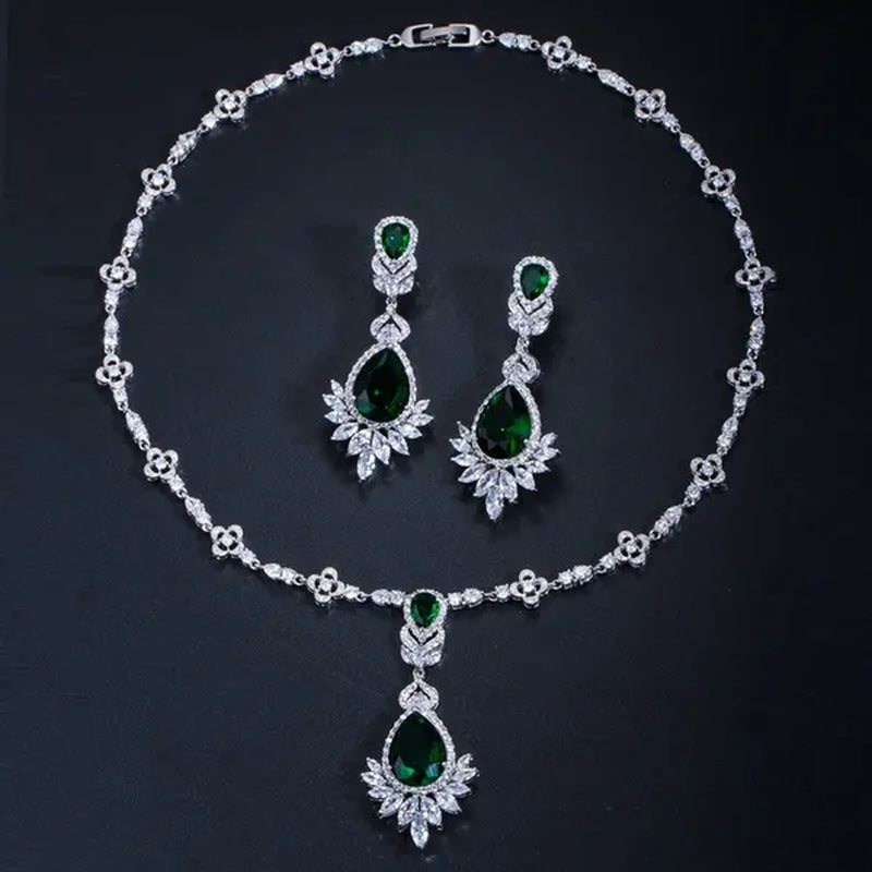 CANDICE White Gold Plated Marquise Cubic Zirconia Bridal Big Drop Earrings Necklace Set For Women Gorgeous Engagement Wedding Jewelry Sets