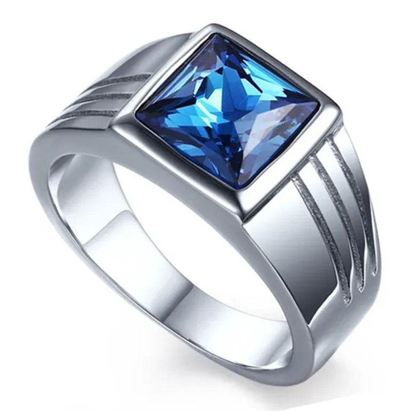 NOVE JEWELRY men fashion charm blue rhinestone fine ring 316L stainless steel exquisite wedding band rings silver + blue US Size 7 to 11