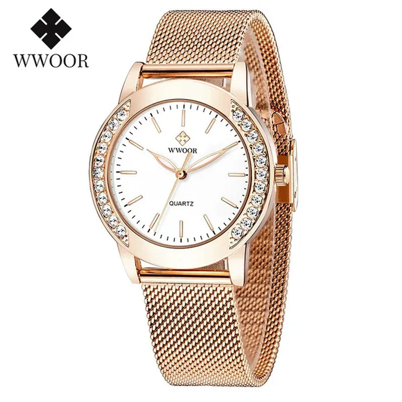 WWOOR Luxury Crystal Ladies Bracelet Watches Top Brand Fashion Women Quartz Watch For Women Rose Gold Mesh Band Wrist Watch Montre Femme