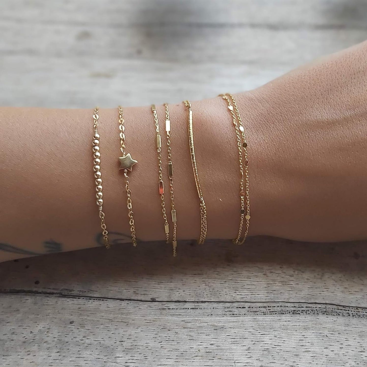 Double-Stranded Gold Bracelet, Length 6.5-7.5 Inches, Thin Satellite Chain Layer Bracelets for Women, Tarnish-Resistant, Minimalist Arm Jewelry, Handmade Gift for Her (Tubes Chain)