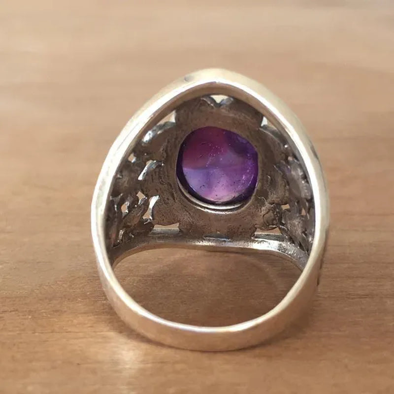 New Women's Fashion Vintage Wide Edge Carved Flower Ring Amethyst Ring Engagement Party Bridal Wedding Jewelry Christmas Valentine's Day Gift Ring