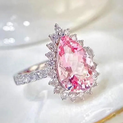 Luxurious High-quality Flower Shaped Silver Inlaid Dazzling Pink Zircon Women's Ring, Fashionable New Romantic Wedding Jewelry Accessories Christmas Gift, Anniversary Ring Valentine's Day Gift for Her