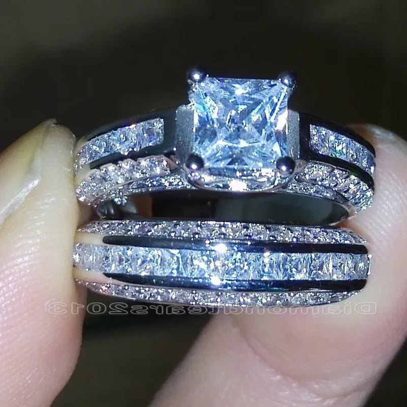 2Pcs/Set Princess Luxury 925 Silver Plated Amethyst CZ Gemstones Wedding Set Rings Size 6-11  (Choice Color and Size )