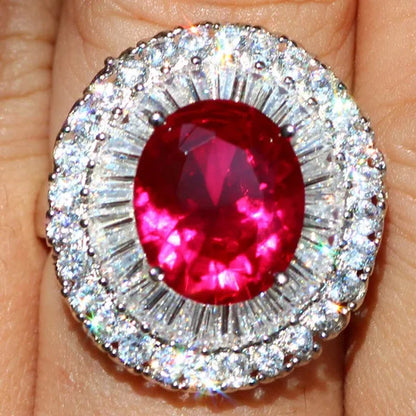 Huge  Silver Ruby & White Sapphire Birthstone Gemstones Engagement Wedding Anniversary Flower Ring