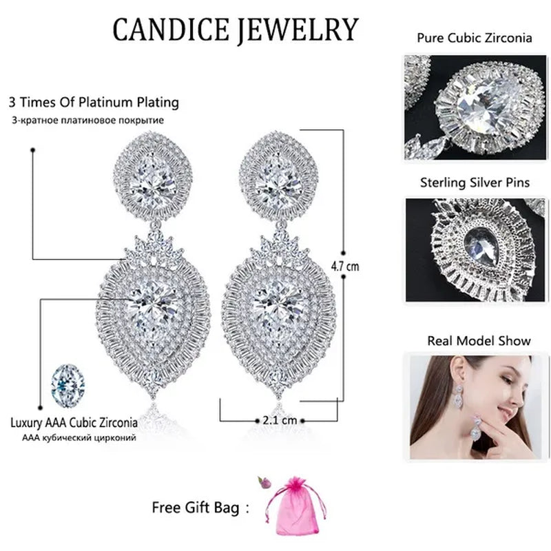 CANDICE Luxury Jewelry 18K Platinum Plated Double Large Water Drop Cubic Zirconia Crystal Long Dangle Earrings For Wedding Gift