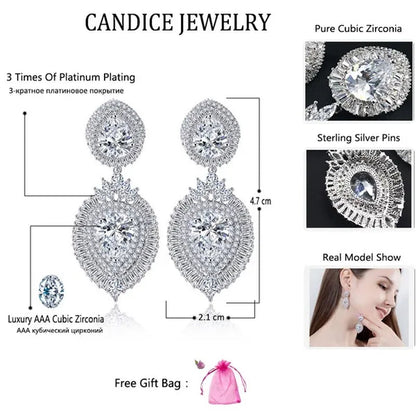CANDICE Luxury Jewelry 18K Platinum Plated Double Large Water Drop Cubic Zirconia Crystal Long Dangle Earrings For Wedding Gift