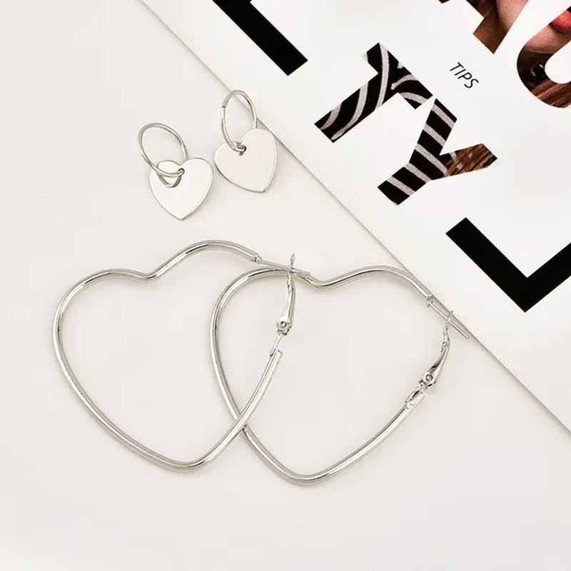 4Pcs/Set Women Double Heart Hoop Earrings Geometric Fashion Earrings Jewelry