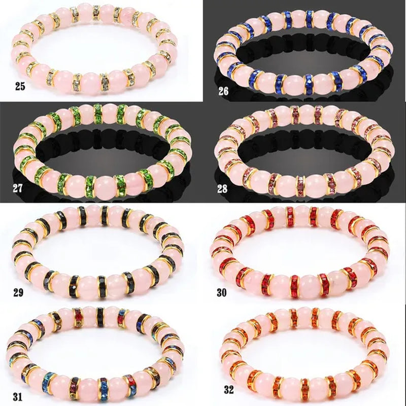 Natural Stone Pink Crystal Quartz &White Porcelain Rhinestones Bracelets & Bangles Charm Powder Beads Strand Bracelet Love Gifts for Women Men Casual Jewelry