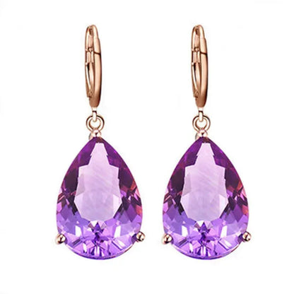 Fashion Amethyst Flower Pendant Necklace Water Drop Cubic Ziconia Earrings Four Leaf Clover Bracelet Double Heart Open-End Ring Jewelry Set For Women Gift