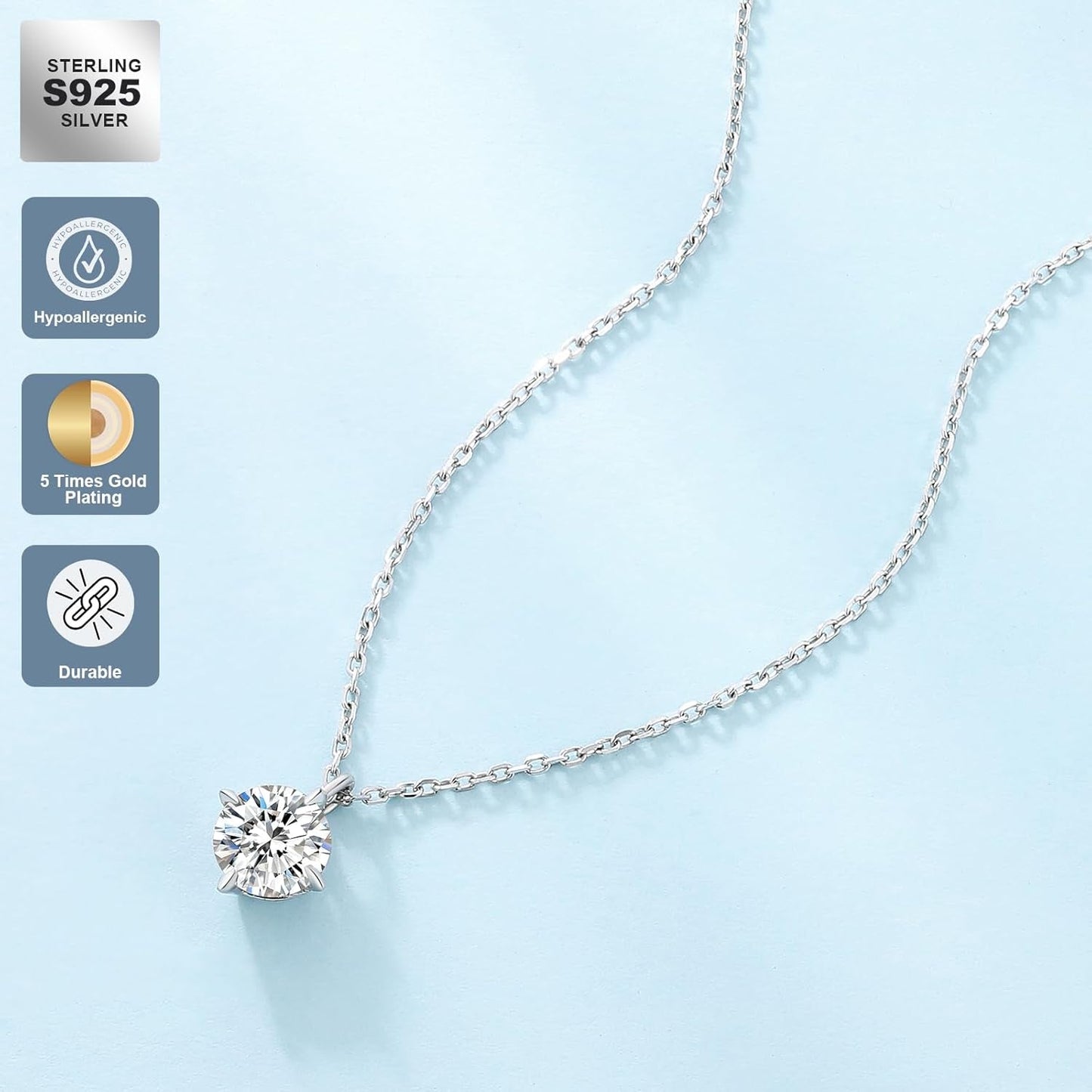Moissanite Pendant Solitaire Necklace for Women, 0.5CT/1CT/2CT/3CT/4CT Lab Created Diamond with VVS1 Clarity D Color, Adjustable 14K White Gold Plated S925 Sterling Silver Chain for Anniversary Christmas Day Mother'S Day Valentines Gift