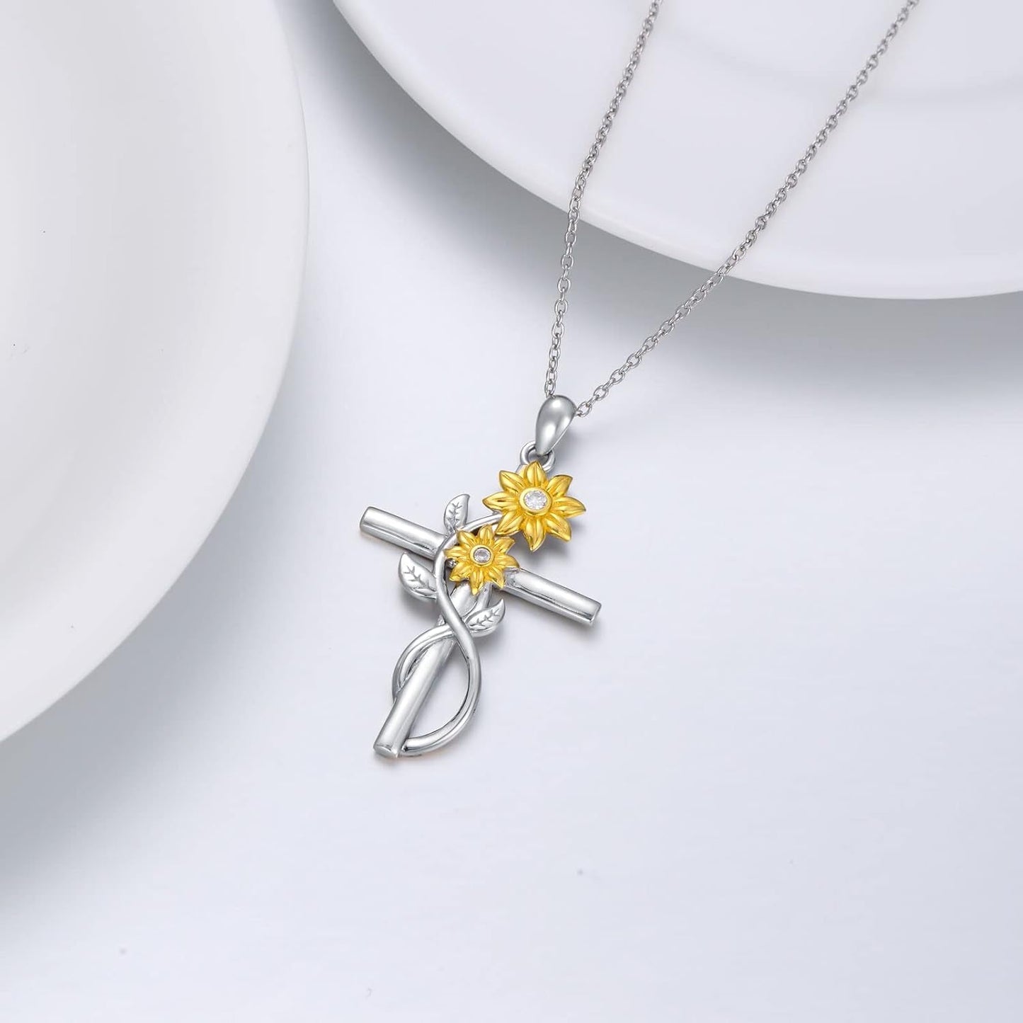 Nature Diamond Sunflower Cross Necklace for Women, 18K Gold Plated Sterling Silver Flower Pendant Necklace Mother'S Day Jewelry Gifts for Her, 18"-20"
