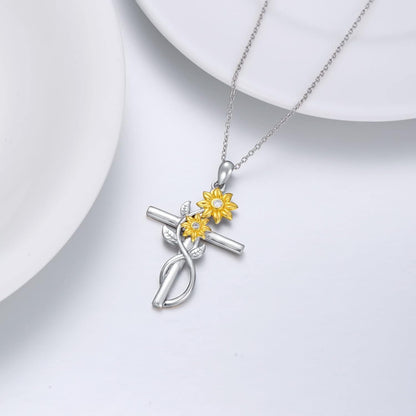 Nature Diamond Sunflower Cross Necklace for Women, 18K Gold Plated Sterling Silver Flower Pendant Necklace Mother'S Day Jewelry Gifts for Her, 18"-20"
