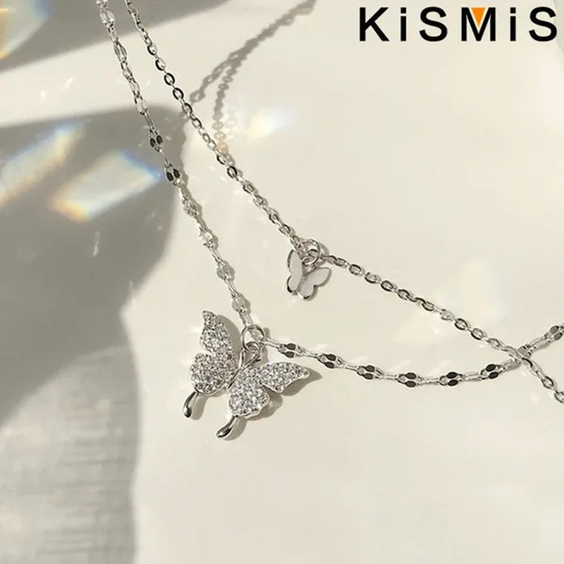 KISMIS 1 Pc/2 Pcs Exquisite and Creative Women's Diamond Necklace Butterfly Double Layer Necklace Shiny Diamond Ladies Clavicle Chain Elegant Charm Wedding Pendant Jewelry