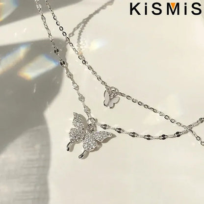 KISMIS 1 Pc/2 Pcs Exquisite and Creative Women's Diamond Necklace Butterfly Double Layer Necklace Shiny Diamond Ladies Clavicle Chain Elegant Charm Wedding Pendant Jewelry