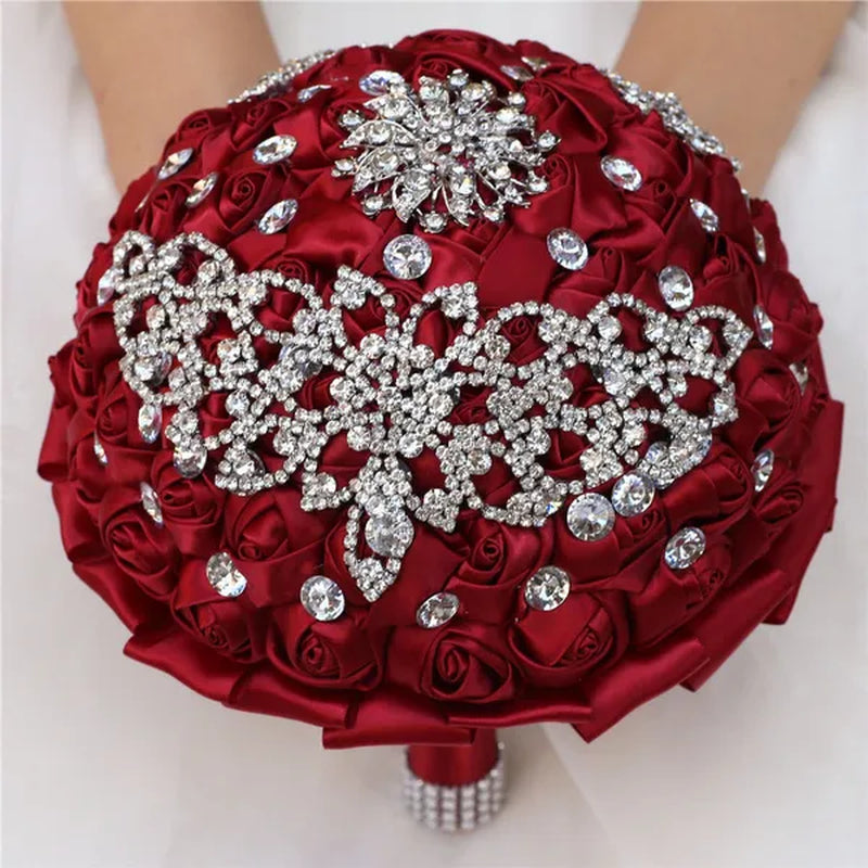 21CM Creative Handmade Diamond Flower Brooch Bouquet Ribbon Silk Rose Wedding Flower Bridal Bouquet Bridesmaid Holding Flowers