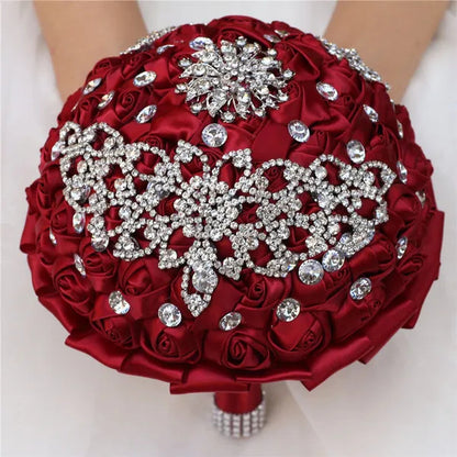 21CM Creative Handmade Diamond Flower Brooch Bouquet Ribbon Silk Rose Wedding Flower Bridal Bouquet Bridesmaid Holding Flowers