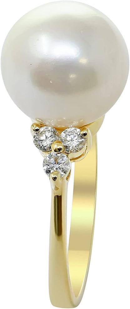 14K Yellow Gold Freshwater Pearl 10.5 Mm with Diamonds Ring, Size 7