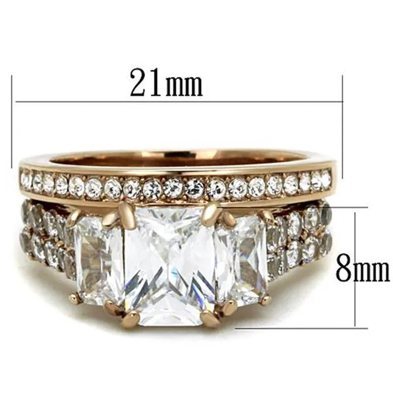 Women's Stainless Steel 316 Rose Gold Emerald Cut Zirconia Wedding Ring Set Size 5-10