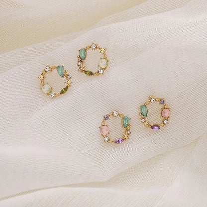 European Style 18K Small Circle Earrings 925 Silver Needle Wreath Simple Colored Diamond Earrings Small Earrings
