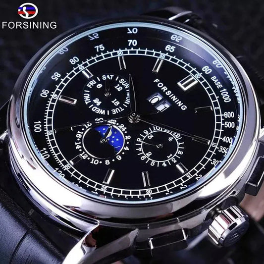 Forsining Moon Phase Shanghai Movement Rose Gold Case Brown Bracelet En Cuir Véritable Montres Pour Hommes Top Brand Luxury Auotmatic Watch with Gift Box
