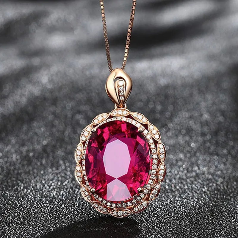 Rose Gold Big Oval Red Crystal Ruby Gemstones Diamonds Pendant Necklaces for Women Vintage Jewelry Choker Chain Bijoux Gifts