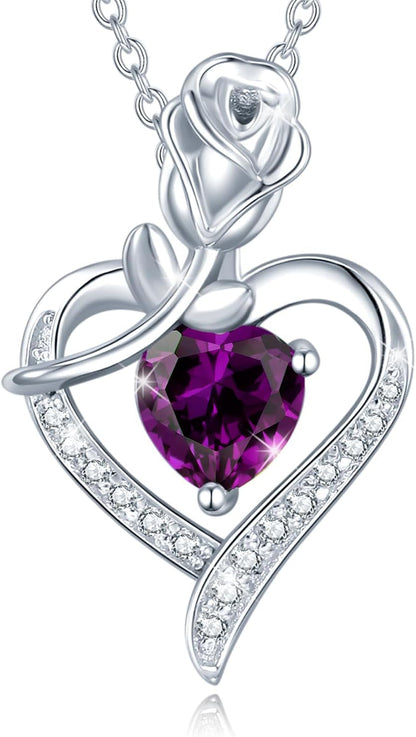 Rosy Reverie Birthstone Necklace for Women Sterling Silver Genuine or Created Gemstone Rose Flower Heart Pendant Necklace Anniversary Birthday Gifts for Women Mom Wife Her