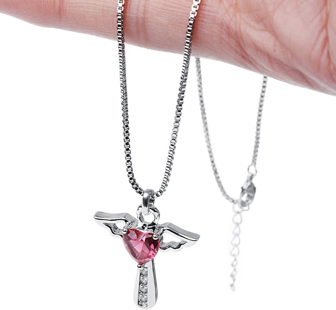 Angel Birthstone Necklaces Heart Cross Necklace for Women Cubic Zirconia Angel Wing Birthstone Heart Charm Pendant Necklace Gifts for Valentine,Birthday