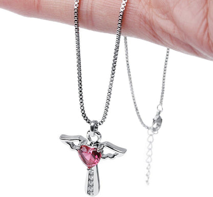 Angel Birthstone Necklaces Heart Cross Necklace for Women Cubic Zirconia Angel Wing Birthstone Heart Charm Pendant Necklace Gifts for Valentine,Birthday