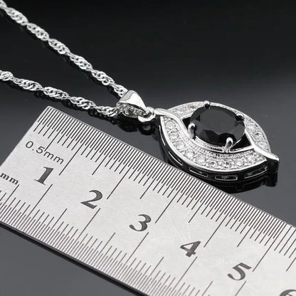 925 Sliver Jewelry Sets Black Zircon White Topaz Necklace Pendant Hoop Earring Ring Bracelet For Women  Dating Gift