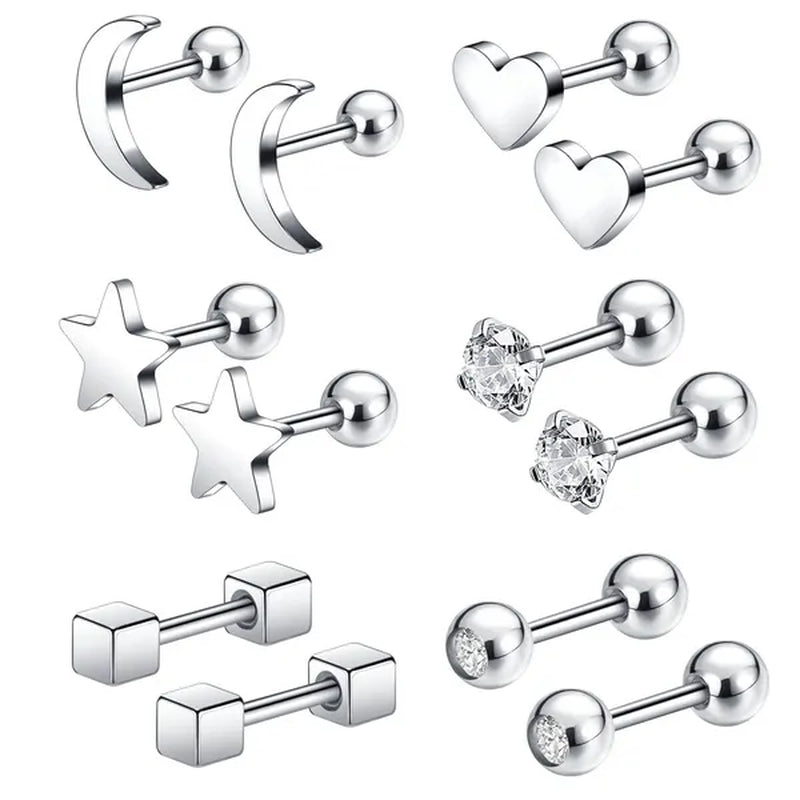 6 Pairs 5 Colors Stainless Steel Tiny Stud Earrings for Women Girls Heart Moon Star Crystal CZ Earrings Cartilage Helix Ear Piercing Set